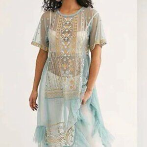 Free People Sabrina Maxi Dress Sheer Mesh Sequin Embroidered Boho Ruffle XS